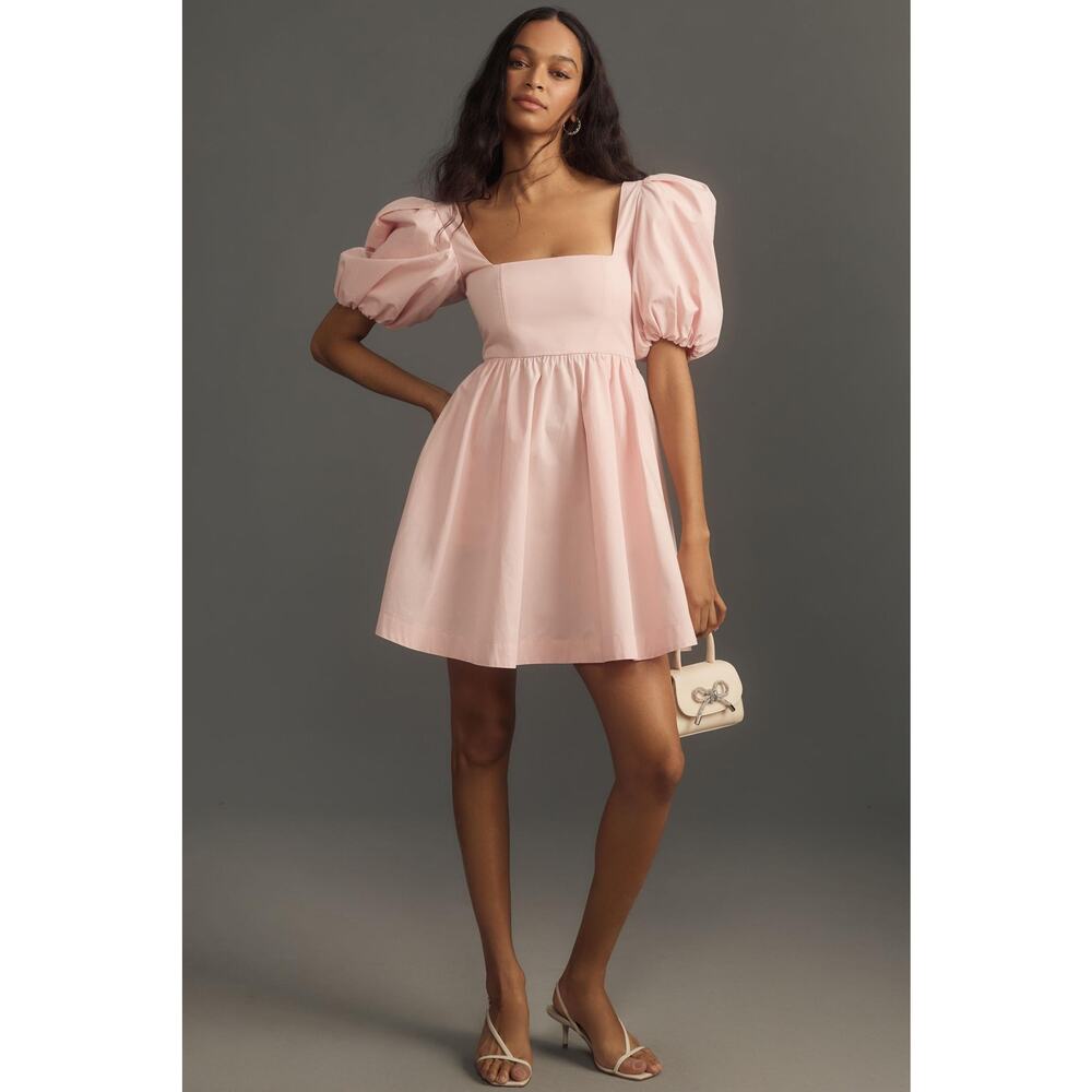 Maeve Anthropologie NWT Puff Sleeve Square Neck Mini Dress Coquette Pink Medium